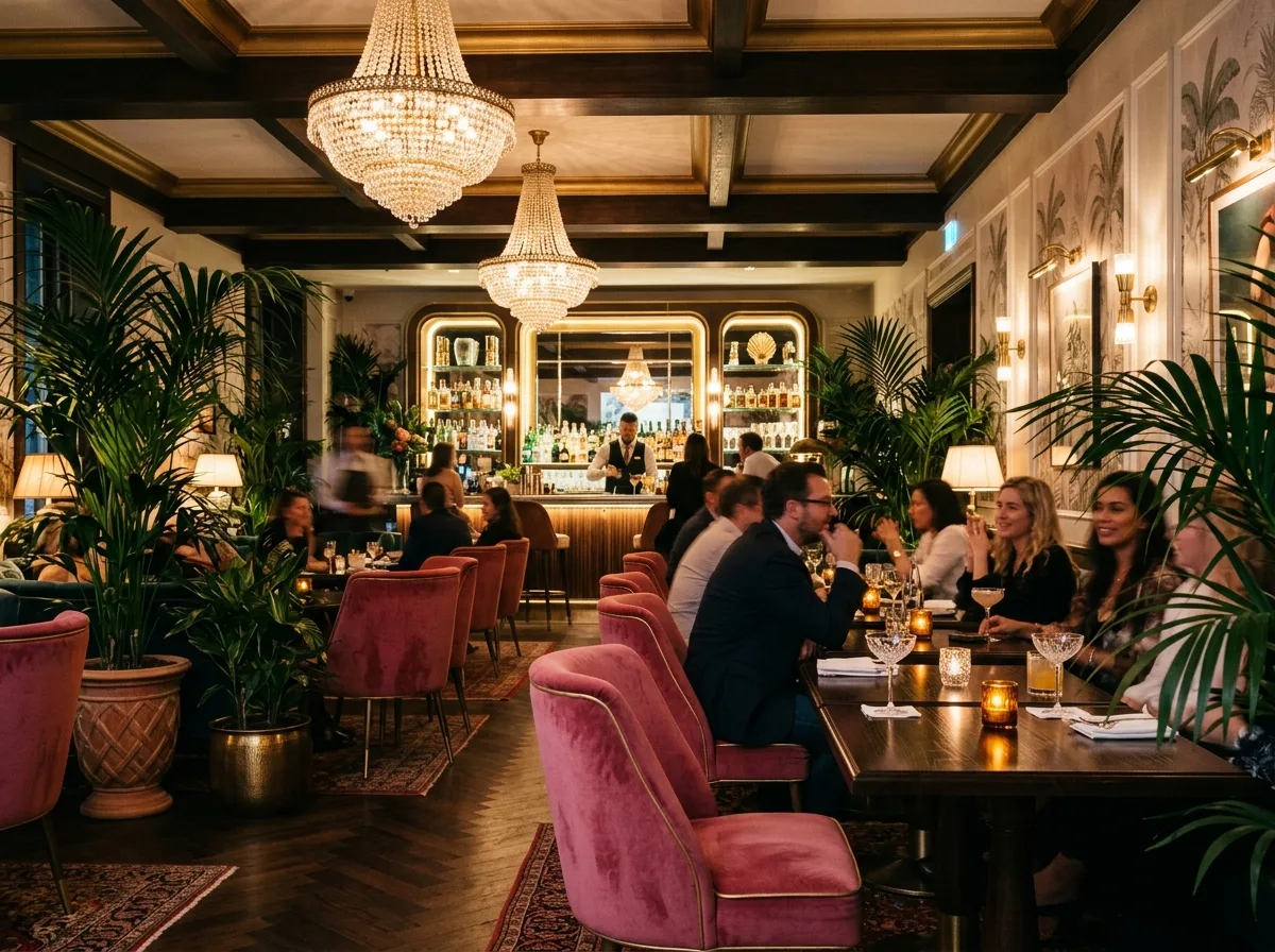 Upscale lounge interior with pink chairs and warm lighting